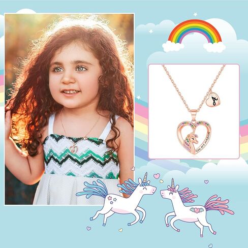 Unicorn Necklaces for Girls, 14K Gold/White Gold/Rose Gold Plated Colorful CZ Heart Pendant Unicorn Necklace Jewelry Toddler Necklaces Letter Initial Necklaces for Teen Girls Unicorn Gifts for Girls in Saudi Arabia