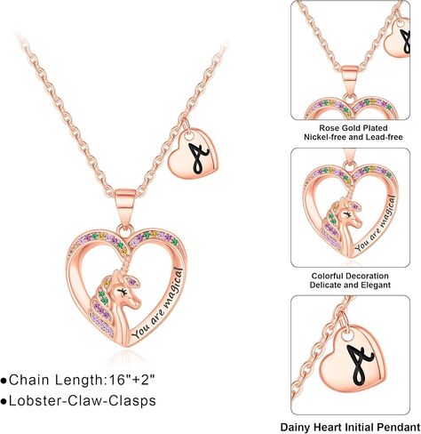 Unicorn Necklaces for Girls, 14K Gold/White Gold/Rose Gold Plated Colorful CZ Heart Pendant Unicorn Necklace Jewelry Toddler Necklaces Letter Initial Necklaces for Teen Girls Unicorn Gifts for Girls in Saudi Arabia
