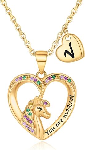 Unicorn Necklaces for Girls, 14K Gold/White Gold/Rose Gold Plated Colorful CZ Heart Pendant Unicorn Necklace Jewelry Toddler Necklaces Letter Initial Necklaces for Teen Girls Unicorn Gifts for Girls in Saudi Arabia