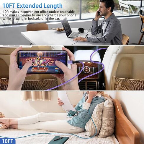 كابل شاحن USB A إلى USB C بطول 10 أقدام/3 عبوات لسيارة iPhone 15/15 Pro/15 Pro Max/15 Plus، سلك شاحن Android من النوع C شحن سريع لهاتف Samsung Galaxy A05S/A54/A53/A14/A13/A03S/S23 S22 الترا/S21/S20 in Kuwait