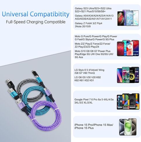 كابل شاحن USB A إلى USB C بطول 10 أقدام/3 عبوات لسيارة iPhone 15/15 Pro/15 Pro Max/15 Plus، سلك شاحن Android من النوع C شحن سريع لهاتف Samsung Galaxy A05S/A54/A53/A14/A13/A03S/S23 S22 الترا/S21/S20 in Kuwait