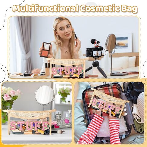 Boho Patch Cosmetic Bag - Back to School FACE Blue Chenille Varsity Letter Clear Toiletry Bag Waterproof Portable Woven Makeup Bag PVC Purse Travel Beach Bag for Teacher Appreciation Gift in Saudi Arabia
