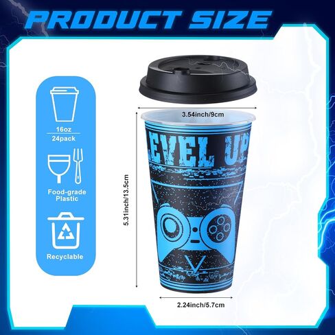 36 Pcs 16 oz Video Game Plastic Cups Video Game Party Favors Plastic Drinking Cups with Lids Plugs Gaming Birthday Party Supplies for Girls Boys Video Game Party Decorations in Saudi Arabia
