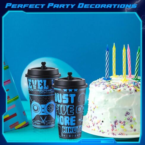 36 Pcs 16 oz Video Game Plastic Cups Video Game Party Favors Plastic Drinking Cups with Lids Plugs Gaming Birthday Party Supplies for Girls Boys Video Game Party Decorations in Saudi Arabia