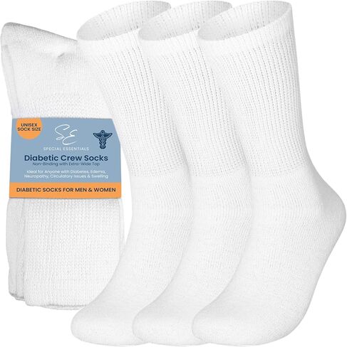 Special Essentials 3 Pairs Cotton Diabetic Crew Socks - Non-Binding Wide Top Comfort & Support for Men & Women in Kuwait