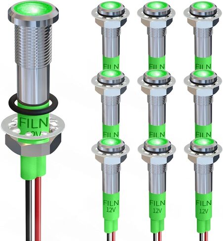 FILN 5 قطع 6 مم (1/4 بوصة) 12 فولت مؤشر ضوء LED معدني صغير مقاوم للماء IP67 مصباح إشارة الطيار أحمر أخضر أصفر أزرق أبيض ([أسود بأكسيد] أحمر 5 قطع) in Kuwait