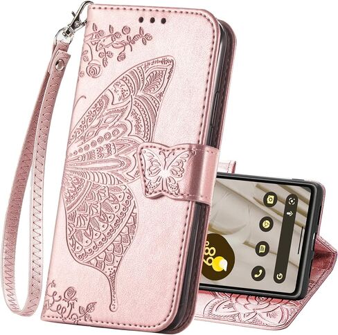 Wallet Case for Google Pixel 8A,PU Leather Flip Protective Phone Case Wrist Strap Card Slots Holder Pocket Emboss Butterfly Flower Stand Case for Google Pixel 8A Black in Saudi Arabia