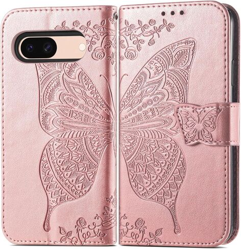 Wallet Case for Google Pixel 8A,PU Leather Flip Protective Phone Case Wrist Strap Card Slots Holder Pocket Emboss Butterfly Flower Stand Case for Google Pixel 8A Black in Saudi Arabia