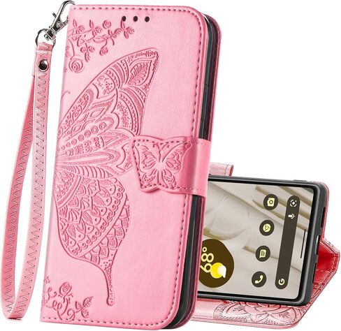 Wallet Case for Google Pixel 8A,PU Leather Flip Protective Phone Case Wrist Strap Card Slots Holder Pocket Emboss Butterfly Flower Stand Case for Google Pixel 8A Black in Saudi Arabia