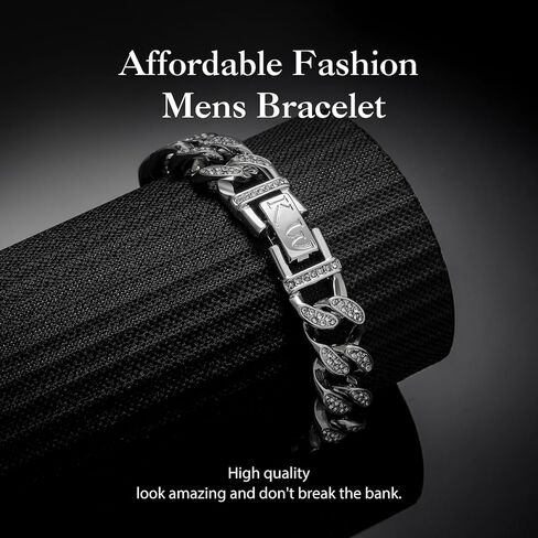 سوار King Will للرجال - سلسلة ربط كوبية سوداء/فضية مرصعة بالزركونيا المكعبة للارتداء اليومي وملاءمة مريحة in Kuwait