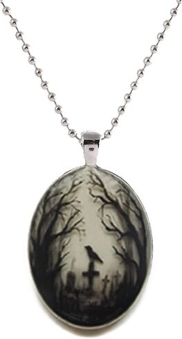 Raven Cross Glass Pendant Necklace - Vintage Gothic Raven Cameo Necklace Mystic Witch Jewelry Gift Accessories in Kuwait