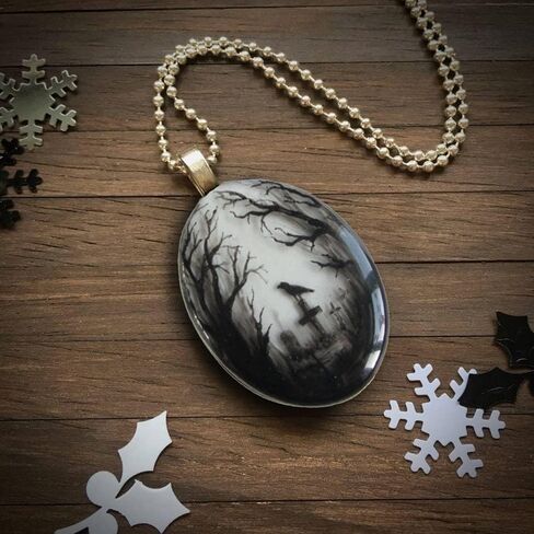 Raven Cross Glass Pendant Necklace - Vintage Gothic Raven Cameo Necklace Mystic Witch Jewelry Gift Accessories in Kuwait