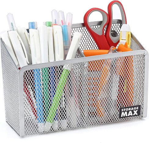 Magnetic Pencil Holder and Locker Organizer, Wire Mesh Storage Basket for Refrigerator, Whiteboard or Office Cabinet. Extra Strong Magnets. Office Accessories (Black, 2 Compartment) in Saudi Arabia