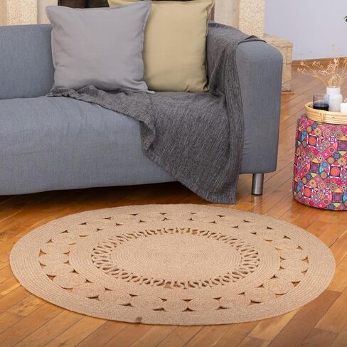 Jute Rug, 4' Round Braided Rugs, Anti Slip Boho Rug, Decorative Pattern Area Rug, Stain Resistant Floor, Kitchen Patio Rug, Entrance Farmhouse Rug, Natural Beige - Spiral in Saudi Arabia