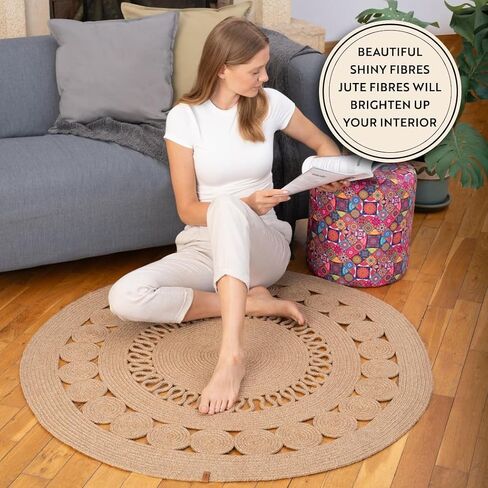 Jute Rug, 4' Round Braided Rugs, Anti Slip Boho Rug, Decorative Pattern Area Rug, Stain Resistant Floor, Kitchen Patio Rug, Entrance Farmhouse Rug, Natural Beige - Spiral in Saudi Arabia