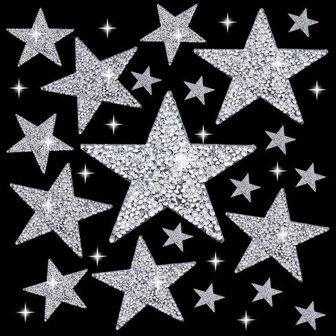 24 Pieces 5 Sizes Iron On Star Patches Adhesive Star Patches Star Shape Rhinestone Appliques Patch DIY Accessory for Clothing Jeans Bags Hats Repair Decoration (Silver) in Saudi Arabia
