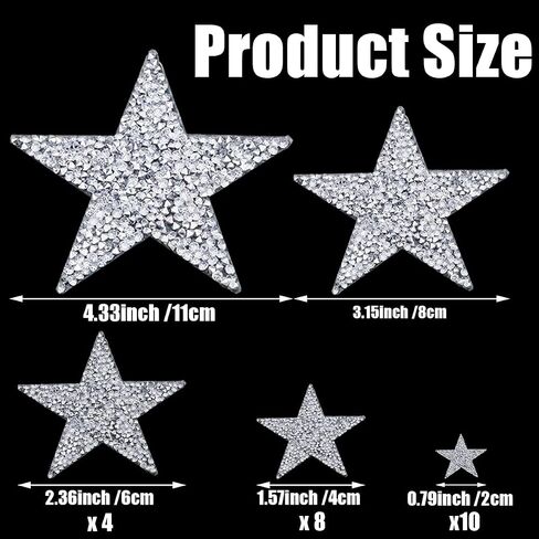 24 Pieces 5 Sizes Iron On Star Patches Adhesive Star Patches Star Shape Rhinestone Appliques Patch DIY Accessory for Clothing Jeans Bags Hats Repair Decoration (Silver) in Saudi Arabia