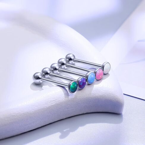 14G Astm F136 Titanium Tongue Rings Round Opal Tongue Piercing Jewelry G23 Solid Titanium Internally Threaded 16MM Tongue Rings Piercing Barbell Jewelry for Women Men 14 Gauge in Saudi Arabia