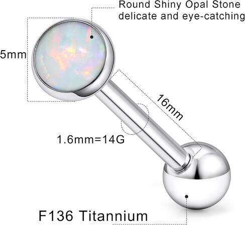 14G Astm F136 Titanium Tongue Rings Round Opal Tongue Piercing Jewelry G23 Solid Titanium Internally Threaded 16MM Tongue Rings Piercing Barbell Jewelry for Women Men 14 Gauge in Saudi Arabia