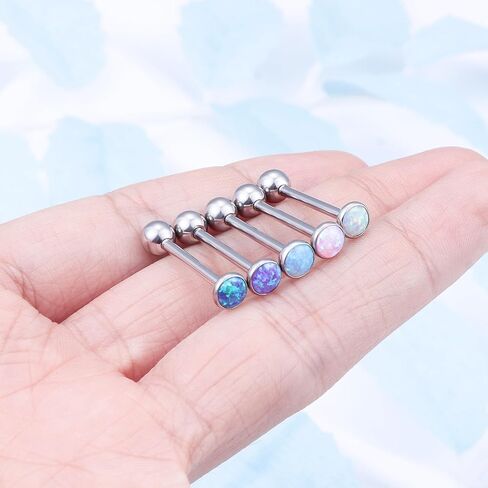 14G Astm F136 Titanium Tongue Rings Round Opal Tongue Piercing Jewelry G23 Solid Titanium Internally Threaded 16MM Tongue Rings Piercing Barbell Jewelry for Women Men 14 Gauge in Saudi Arabia