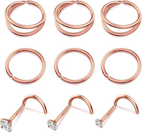 BodyBonita 9Pcs Nose Rings Hoops - 316L Stainless Steel 20G 18G Nose Stud Twist Style Bendable Hypoallergenic Cartilage Earrings for Women Conch Piercing Jewelry Helix Rook Tragus Lobe Daith Snug 8mm 10mm in Saudi Arabia