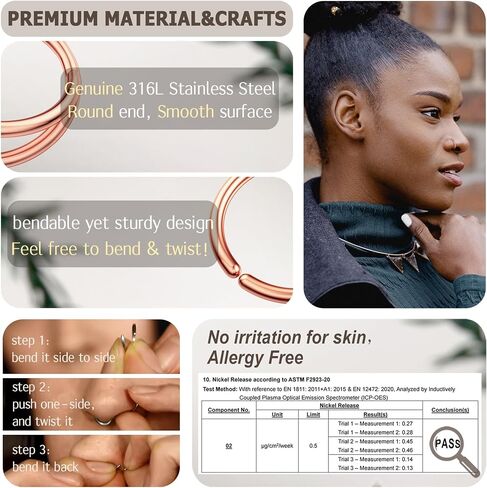 BodyBonita 9Pcs Nose Rings Hoops - 316L Stainless Steel 20G 18G Nose Stud Twist Style Bendable Hypoallergenic Cartilage Earrings for Women Conch Piercing Jewelry Helix Rook Tragus Lobe Daith Snug 8mm 10mm in Saudi Arabia