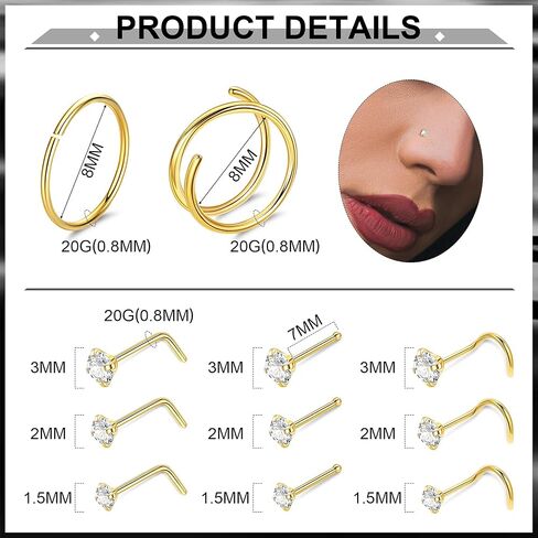 18PCS 20G G23 Titanium Nose Rings for Women Men Pure Titanium Double Nose Rings Hoops for Sensitive Skin L Shaped Screw Bone Nose Studs Hypoallergenic CZ Nose Stud Piercing Jewelry in Saudi Arabia