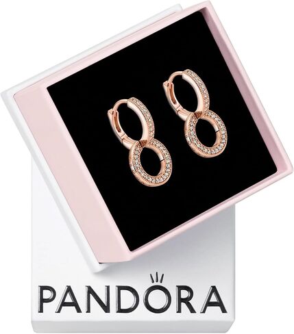 أقراط دائرية متألقة مزدوجة من PANDORA - أقراط دائرية مطلية بالذهب الوردي عيار 14 قيراط مع زركونيا مكعبة للنساء - هدية لها - مع صندوق هدايا in Saudi Arabia