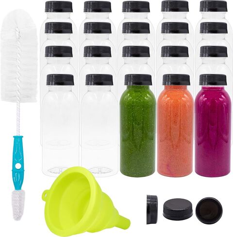 Empty PET Plastic Juice Bottles - Pack of 20 Round Reusable Clear Disposable Milk Bulk Containers with Funnel and Brush and Tamper Evident Caps (White, 4 oz) in Saudi Arabia