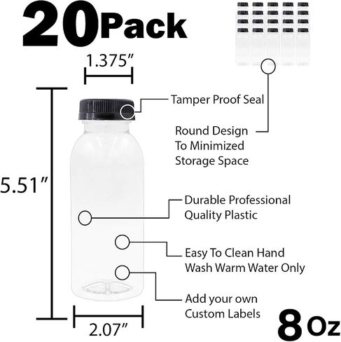 Empty PET Plastic Juice Bottles - Pack of 20 Round Reusable Clear Disposable Milk Bulk Containers with Funnel and Brush and Tamper Evident Caps (White, 4 oz) in Saudi Arabia