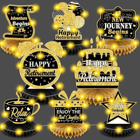 8Pcs Retirement Party Decorations Black Gold Happy Retirement Table Honeycomb Centerpieces with LED Lights Table Topper Decor for Men Women Office Coworker Farewell Going Away Party Supplies in Saudi Arabia