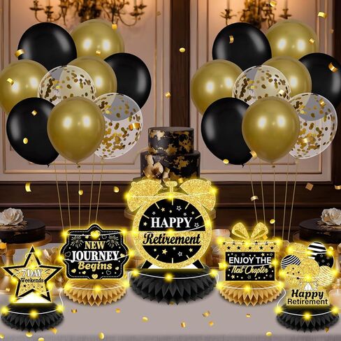 8Pcs Retirement Party Decorations Black Gold Happy Retirement Table Honeycomb Centerpieces with LED Lights Table Topper Decor for Men Women Office Coworker Farewell Going Away Party Supplies in Saudi Arabia