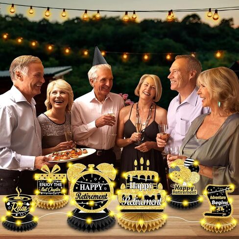 8Pcs Retirement Party Decorations Black Gold Happy Retirement Table Honeycomb Centerpieces with LED Lights Table Topper Decor for Men Women Office Coworker Farewell Going Away Party Supplies in Saudi Arabia