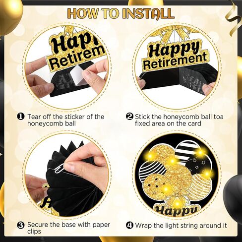 8Pcs Retirement Party Decorations Black Gold Happy Retirement Table Honeycomb Centerpieces with LED Lights Table Topper Decor for Men Women Office Coworker Farewell Going Away Party Supplies in Saudi Arabia