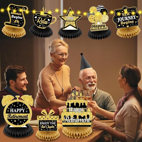 8Pcs Retirement Party Decorations Black Gold Happy Retirement Table Honeycomb Centerpieces with LED Lights Table Topper Decor for Men Women Office Coworker Farewell Going Away Party Supplies in Saudi Arabia