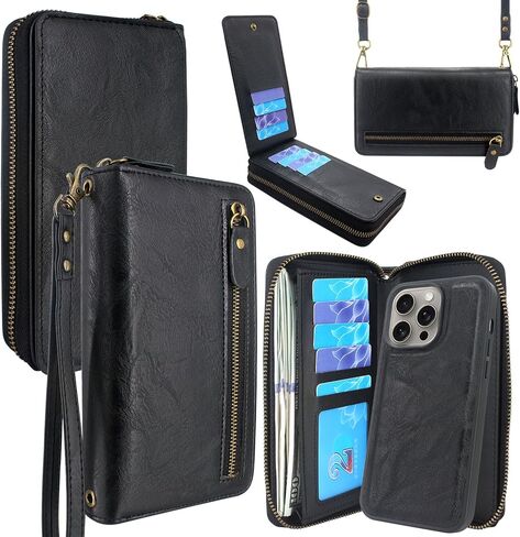 Lacass Case Wallet Compatible with iPhone 15 Pro Max 6.7 inch 2023, Crossbody Dual Zipper Detachable Leather Wallet phone case Cover (Black) in Saudi Arabia