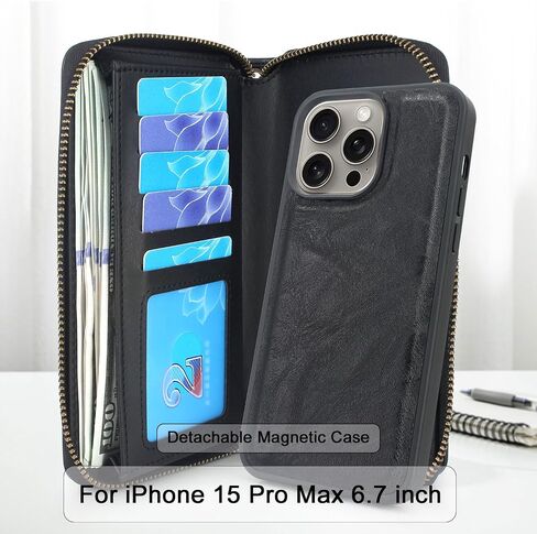 Lacass Case Wallet Compatible with iPhone 15 Pro Max 6.7 inch 2023, Crossbody Dual Zipper Detachable Leather Wallet phone case Cover (Black) in Saudi Arabia