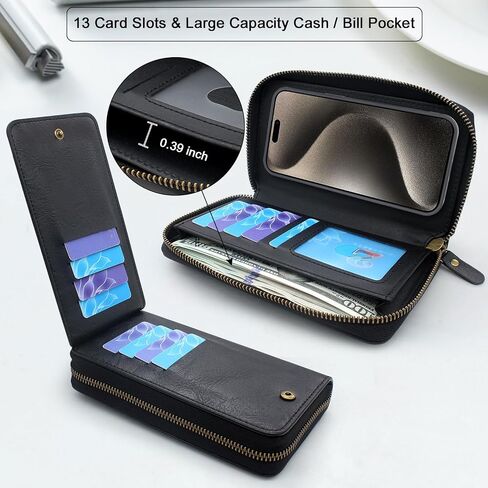 Lacass Case Wallet Compatible with iPhone 15 Pro Max 6.7 inch 2023, Crossbody Dual Zipper Detachable Leather Wallet phone case Cover (Black) in Saudi Arabia