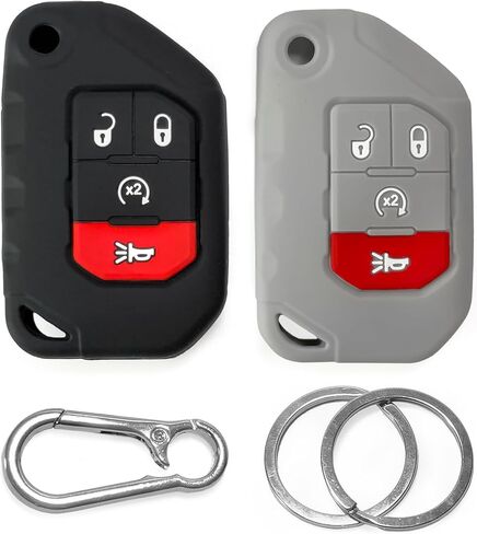 أغطية مفاتيح من السيليكون Click&Fit مكونة من قطعتين متوافقة مع Jeep Wrangler 2018-2022، Rubicon 18-22، Gladiator Sahara 2020-22 - واقيات حافظة مطاطية لمفتاح السيارة عن بعد، 4 أزرار، 68292944AA، أسود ورمادي in Kuwait