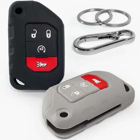 أغطية مفاتيح من السيليكون Click&Fit مكونة من قطعتين متوافقة مع Jeep Wrangler 2018-2022، Rubicon 18-22، Gladiator Sahara 2020-22 - واقيات حافظة مطاطية لمفتاح السيارة عن بعد، 4 أزرار، 68292944AA، أسود ورمادي in Kuwait