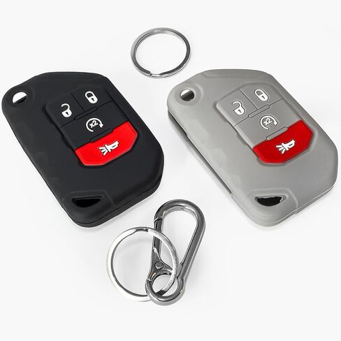 أغطية مفاتيح من السيليكون Click&Fit مكونة من قطعتين متوافقة مع Jeep Wrangler 2018-2022، Rubicon 18-22، Gladiator Sahara 2020-22 - واقيات حافظة مطاطية لمفتاح السيارة عن بعد، 4 أزرار، 68292944AA، أسود ورمادي in Kuwait