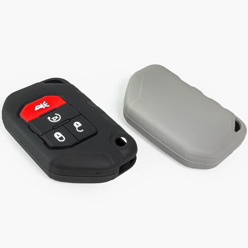 أغطية مفاتيح من السيليكون Click&Fit مكونة من قطعتين متوافقة مع Jeep Wrangler 2018-2022، Rubicon 18-22، Gladiator Sahara 2020-22 - واقيات حافظة مطاطية لمفتاح السيارة عن بعد، 4 أزرار، 68292944AA، أسود ورمادي in Kuwait