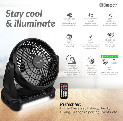 مكبر صوت بلوتوث يعمل بالطاقة الشمسية من Supersonic SC-1073ERF مع راديو FM، وإضاءة شعلة LED ومدخل USB/SD ومروحة، وراديو FM، و3 سرعات رياح، للنزهة والشواء والتخييم وطوارئ الإعصار in Kuwait
