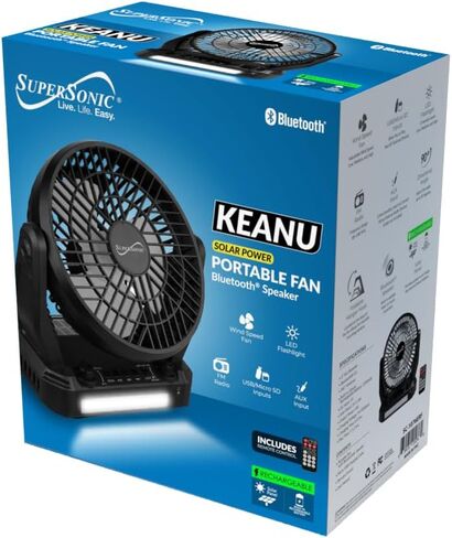 مكبر صوت بلوتوث يعمل بالطاقة الشمسية من Supersonic SC-1073ERF مع راديو FM، وإضاءة شعلة LED ومدخل USB/SD ومروحة، وراديو FM، و3 سرعات رياح، للنزهة والشواء والتخييم وطوارئ الإعصار in Kuwait