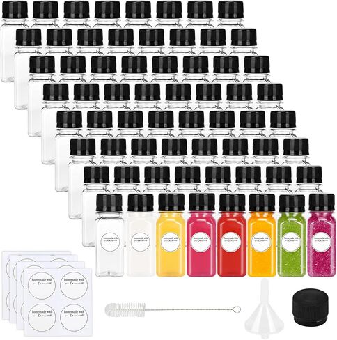 Moretoes 64pcs Shot Bottles with Caps 2oz Bottles with Caps, Empty Juice Bottles for Juicing, Reusable Juice Containers with Labels, Funnel and Brush for Milk Ginger Shots Drinking and Other Beverages in Saudi Arabia