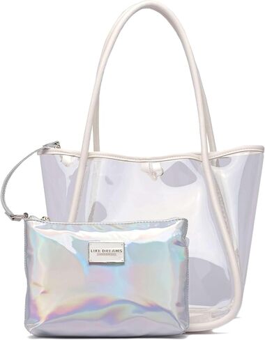 Like Dreams Large Clear Tote Bag, Inner Detachable Pouch, Holographic Purse for Women, Dual Handle Vegan Leather Fashion Bag in Saudi Arabia