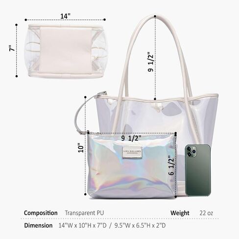 Like Dreams Large Clear Tote Bag, Inner Detachable Pouch, Holographic Purse for Women, Dual Handle Vegan Leather Fashion Bag in Saudi Arabia