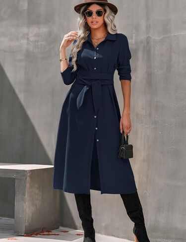 Fasumava Women's Long Sleeve Button Down Shirt Dress Casual Loose Tie Waist Midi Dresses in Saudi Arabia