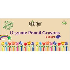 Azafran Organic Pencil Crayons - Pack of 15 Colored Thins, Non Toxic Ingredients, Non-Greasy, Eco Friendly, Food Grade Colors, for Toddlers, Fun with Playing and Stacking - 127 Grams