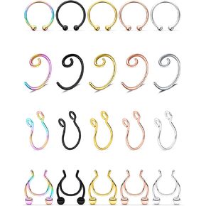 SCERRING Fake Septum Nose Hoop Rings Stainless Steel Faux Lip Ear Cartilage Nose Septum Ring Non Piercing Clip On Nose Hoop Rings Body Piercing Jewelry 20PCS
